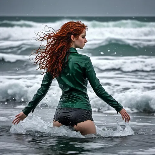 Prompt: <mymodel>she is swimming from the beach in the waves of the ice cold, stormy sea, seen from behind, she is freezing, but goes deeper bravely, a big wave, tall s her is close  towards to her, she is wearing an open green blouse with open button placket, clings on her skin, and a wet black short leather skirt, half body shot, winter, sharp background