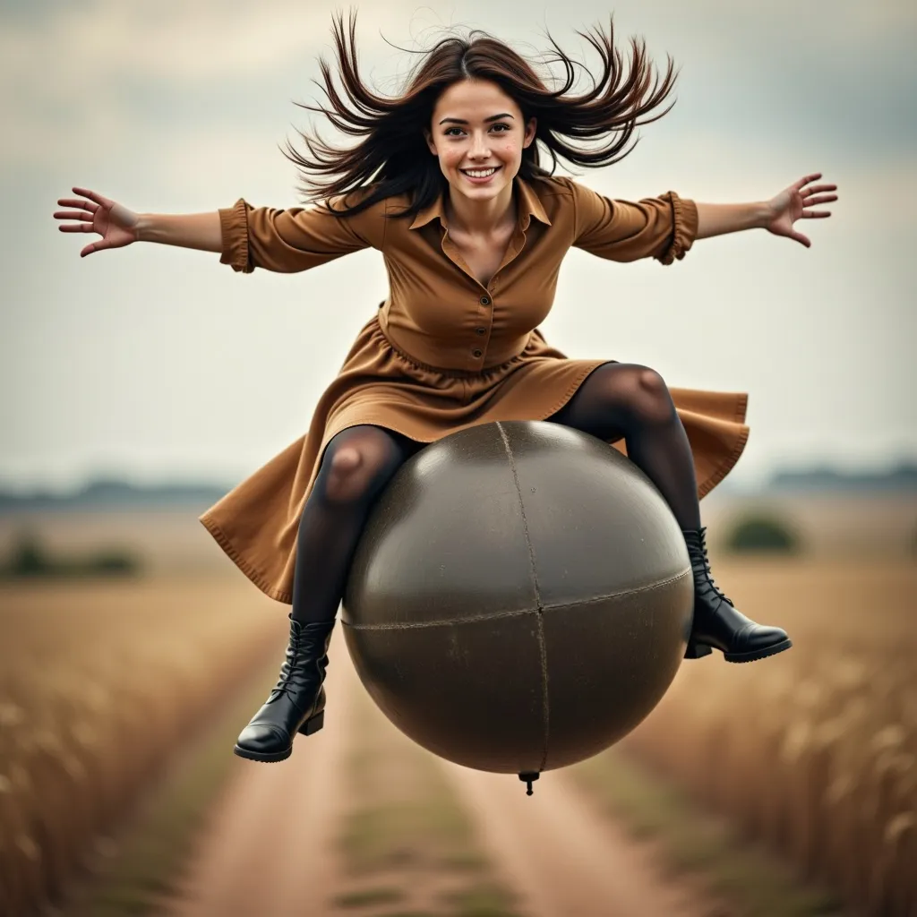 Prompt: Sen from a distance below her, A young woman rides a fast flying small spherical iron ball with a diameter of one foot, shot out of a cannon, She sits astride a small irony ball, like Baron Munchhausen, flying high through the air, ,cute girl,black hair, girl,,dynamic,photograph,freckles,long hair,beautiful face