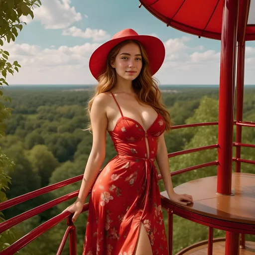 Prompt: <mymodel>(Masterpiece), 8k, ultra_fotorealistic, best quality, vintage picture, she stands on a view point tower and looks down to a green nature park, she wears a vintage colorful red-based summer gown and a big white summer hat, she is in a good mood, she is smiling gently