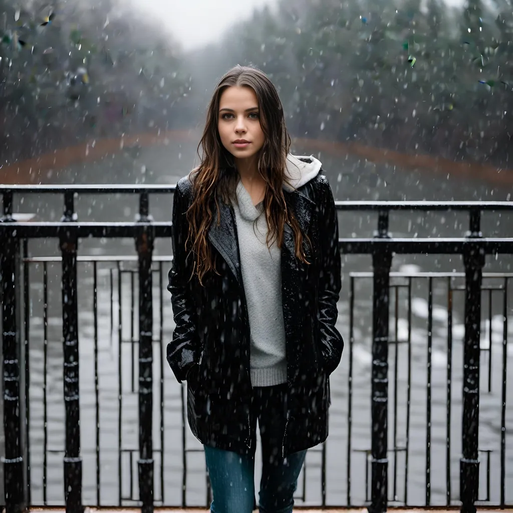 Prompt: <mymodel>she is completely soaking wet, wet winter clothes, she stands behind a modern metal railing, she leans against it, supports herself with her forearms, we see her from the front, from diagonally above. she looks directly up to the camera above her , she waves into the camera. full body shot, daylight, in a winter storm.