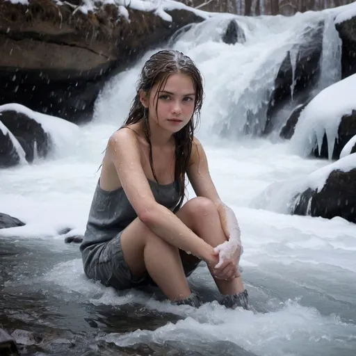 Prompt: Winter scenery, much snow layers, ice sheets, foggy cloudy weather, , 1stunning, 20 year old girl,tiny, soaking drenched wet, thousands of shiny waterdrops on her skin, is sitting on a soaking wet rock, peaking in the middle of a mighty deep, spraying, raged, torrent icy whitewater, meltwater creek, winter, snow, ice, fog