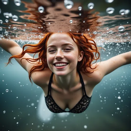 Prompt: Underwater shot. A young woman with long wet red hair and freckles on her nose with dark heavy make-up dives underwater in a roaring river in winter. Her eyes are closed, bubbles are coming out of her mouth underwater. Floating-up hair. she is having fun, grinning exuberantly. Seen from the side, wide angle shot, full body shot