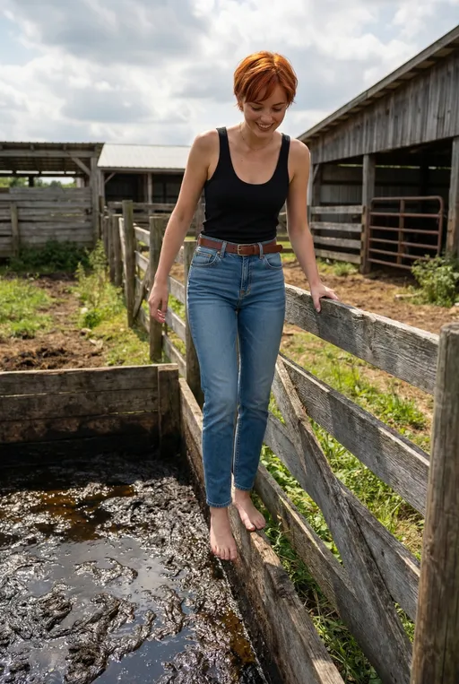 Prompt: @hEHRg8dafQtZ2JoeUjrx A young busty short  red haired beautiful woman with freckles stands balancing dangerously on the unsafe narrow top side of a wooden railing in a rural setting with a greasy black-brown manure pit direct under her, in a realistic style. It is a reckless action. She smiles. 