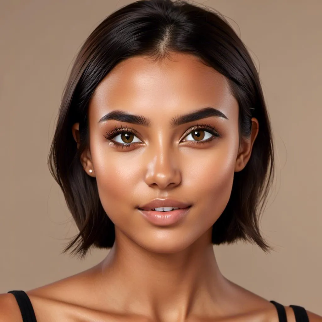 Prompt: <mymodel> Hyper-detailed, hyper-realistic, photorealistic composite face of a 17 year old beautiful european tiny woman, heart-shaped head, hazel-shaped dark-brown eyes, slim nose, arched eyebrows, ultra short black hair, youthful, smiling, tanned complexion, Full lips with minimal lipstick, maximal eye shadow, maximal smokey eyes, Side view (Profile) symmetrical, best quality, highres, ultra-detailed, photorealistic, detailed eyes, professional, realistic lighting