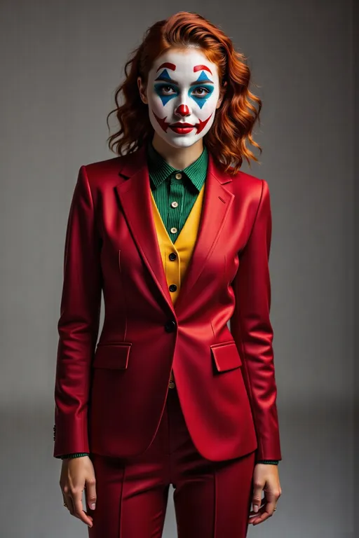 Prompt: She wears a DC's Joker suit and mask makeup, full body shot, in Superhero's kneeling Landing pose