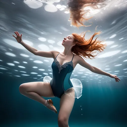 Prompt: ultra_fotorealistic, 8k, dramatic action, under frozen ocean surface, deep underwater, less pale light under the icecover of a frozen lake, full body shot, 1girl, 22 year old, swimwear, with ice skates, realistic cute round face, narrow cheekbones,  a cloud of her floating, long curled, nature-red hair surrounds her body, her eyes are wide open, with glasses, she is like a dancer submerged in the ocean, seeming to gracefully float in the water. Her movements suggest a feeling of lightness and weightlessness. The ocean waves carry the dancer, creating a peaceful and serene atmosphere. The blue tones of the water add depth to the image, while the rays of sunlight filtering through the water create stunning light effects that highlight the body.  At the uneven, black-muddy bottom of the icecold ocean are big stones, stuck half in bottom mud. a cloud of breathe bubbles of air surrounds her, detailed Ice skates on her feet. Action shot, flying hair, wide shot,photo r3al,underwater, low-angle shot