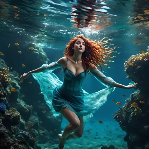 Prompt: <mymodel>(deep underwater scene), a serene ambience, (weightless hair floating elegantly), beautiful light rays piercing through the water, tranquil ocean blue tones, (lush aquatic life in the background), ultra-detailed textures of water, ethereal atmosphere, surreal and calming, (HD quality), captivating underwater beauty, dreamlike and serene environment.