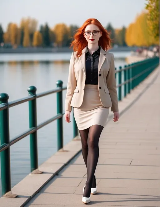 Prompt: <mymodel>a young woman, red hair, glasses, shewalks along a lake promenade. She wears white high heels, black nylon tights, a short beige skirt and a matching business jacket 