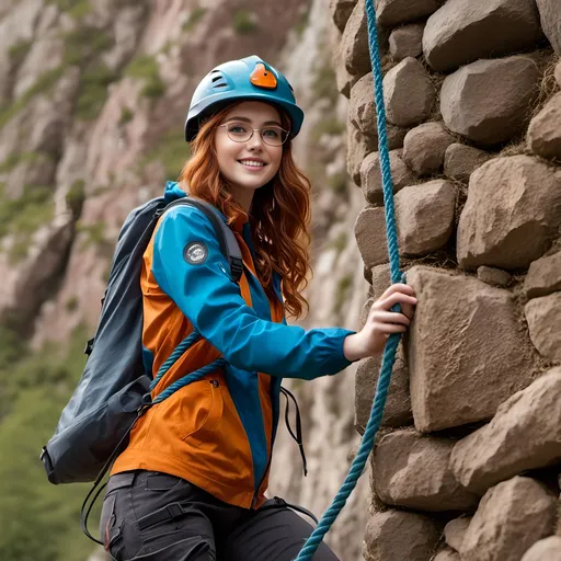 Prompt: <mymodel>climbing a vertical rock wall, using a nylon rope, detailed face, helmet, blue jacket, 