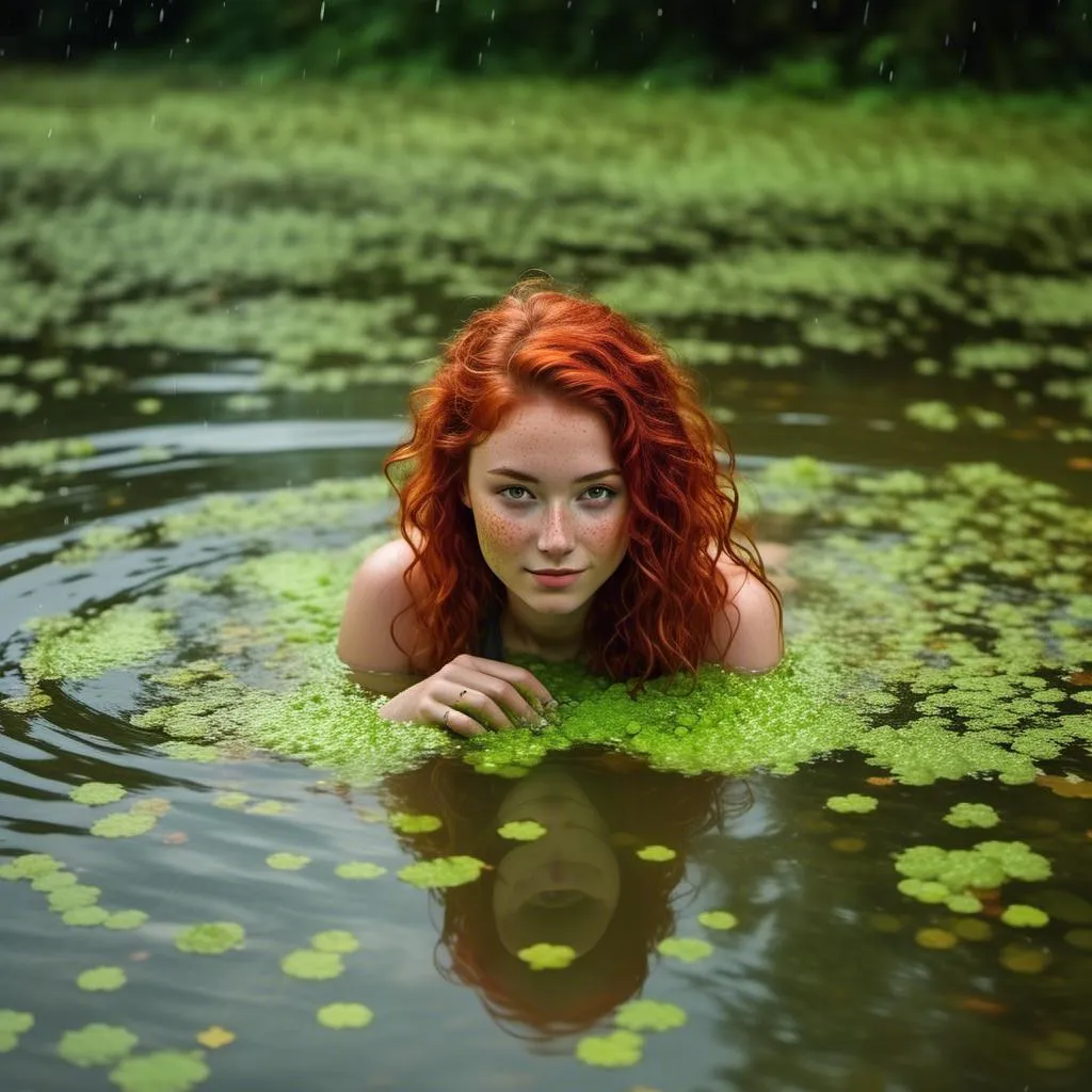 Prompt: <mymodel> a young breathless tiny woman with wavy red hair stands deep in a pond with a total closed layer of thick, lightgreen, finest duckweed, no water is visible, the duckweed surface surrounds her body, she has fun, she is happy and relaxed, in the afternoon sun