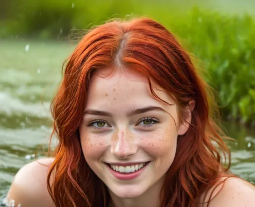Prompt: <mymodel> closed eyes, no parting, wavy wet hair, freckles, she is laughing