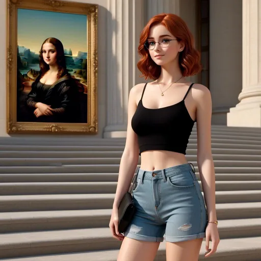 Prompt: <mymodel>is insider the Louvre Museum in Paris, She is looking AT the Mona Lisa Painting, astonishing. She wears a Black string top and a tight short blue hipJeans shorts. Over her shoulder hanging a Black leather Strap case

