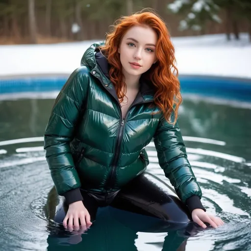 Prompt: <mymodel>pretty 21 year old tiny woman, with wet short red wavy hair, in a dark green wet shiny down jacket and skintight wet jeans. she swims in a hole in a thick frozen public pool, in winter, much deep snow is laying around, trees in background, body shot, ultra_fotorealistic