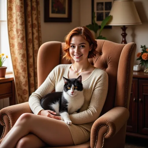 Prompt: She is sitting in a cosy TV armchair and cuddling a black and white cat sitting in her lap.