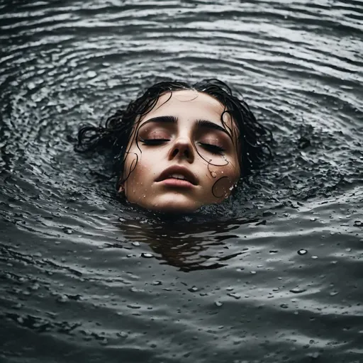 Prompt: <mymodel>Rainy day, bird's eye view, pouring rain on her, she is submerged under the mud, only a few light waves are moving over her
