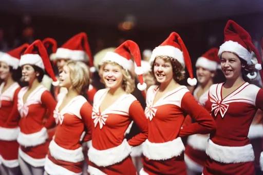 Prompt: Crowd of cheerleaders at Christmas