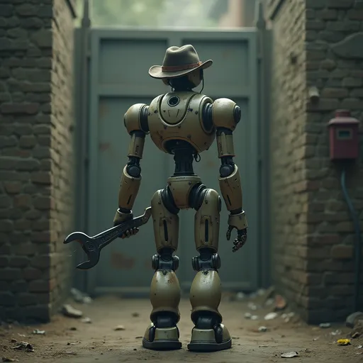 Prompt: A slightly clunky, old-model humanoid robot standing near a gate, viewed from behind. It has no stabilization system and is moving awkwardly. The robot holds a large wrench (monkey wrench) in one hand, and wears an old-fashioned hat on its head. The overall scene suggests mystery and nostalgia, with soft lighting and a subtle, dusty atmosphere. make it png