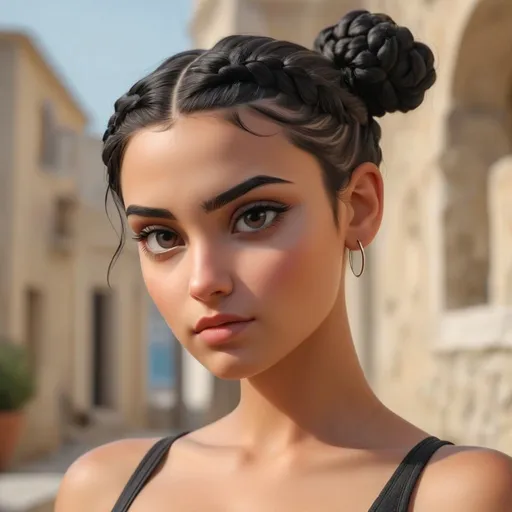 Prompt: Young Greek female toned, short black hair in braided buns, 