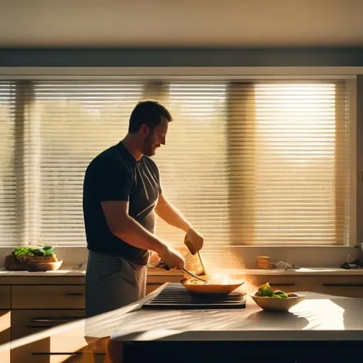 Prompt: Guy cooking in his kitchen . Sunshine coming in through the blinds on his other side . 