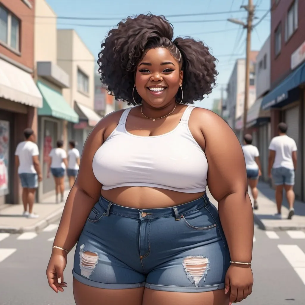 Prompt: extremely overweight black woman wearing a white crop top and denim shorts standing in the street looking happy, anime art style 