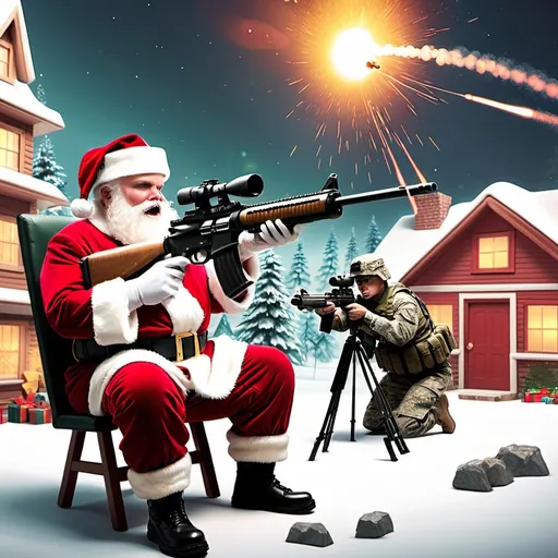 Prompt: Army shooting Santa 