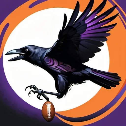 Prompt: Vibrant NFL-style illustration of a crow flying towards a football, dominant black color, shades of purple shadows, orange details, detailed feathers, NFL logo inspiration, high contrast, dynamic composition, vibrant colors, professional, atmospheric lighting