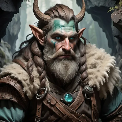 Prompt: firbolg maschio, cicatrici sul viso, barba, oscuro, vestito con pelli, brandendo un bastone druidico, atmosfera mistica, fondo caverna, colori terrosi e vibranti, dettagli intricati della pelle e dei tessuti, espressione fiera e potente, qualità ultra-dettagliata, saggezza antica.