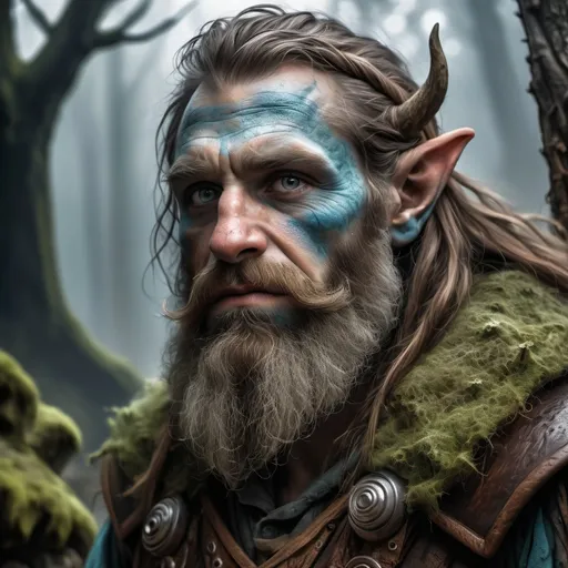 Prompt: firbolg maschio, cicatrici sul viso, barba, oscuro, vestito con pelli, brandendo un bastone druidico, atmosfera mistica, fondo naturale lussureggiante, colori terrosi e vibranti, dettagli intricati della pelle e dei tessuti, espressione fiera e potente, qualità ultra-dettagliata, evocando un senso di mistero e saggezza antica.