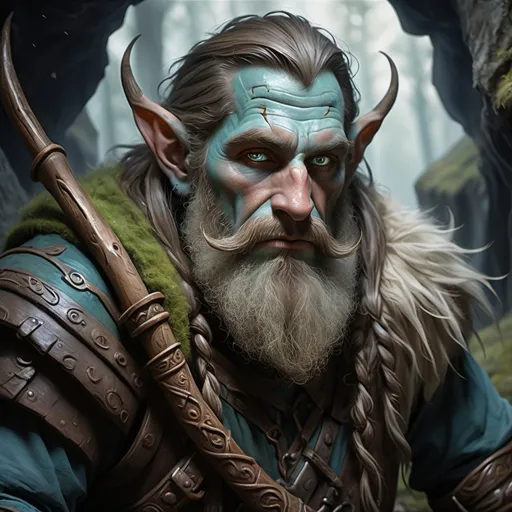 Prompt: firbolg maschio, cicatrici sul viso, barba, oscuro, vestito con pelli, brandendo un bastone druidico, atmosfera mistica, fondo caverna, colori terrosi e vibranti, dettagli intricati della pelle e dei tessuti, espressione fiera e potente, qualità ultra-dettagliata, saggezza antica.