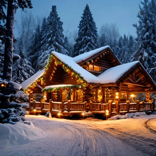 Prompt: snow-covered log cabin nestled in serene forest, adorned christmas lights, warm inviting glow, 4K, ultra-detailed, rustic charm, festive atmosphere, cozy, peaceful, traditional, detailed snow, festive lighting, warm colors, serene ambiance, professional, atmospheric lighting