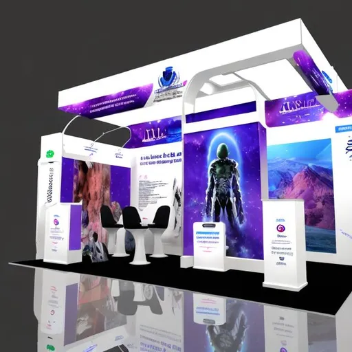 Prompt: Exhibition booth design, area 54 square, booth height 4.5m,