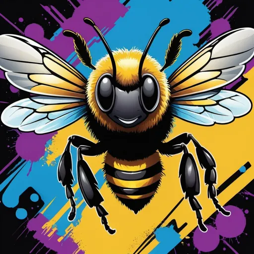 Prompt: Album cover illustration of a bold bee with parental advisory, vibrant and colorful, comic book style, detailed wings and fur, urban graffiti backdrop, high quality, comic book, vibrant colors, parental advisory label, detailed bee, graffiti art, bold and dynamic, professional lighting