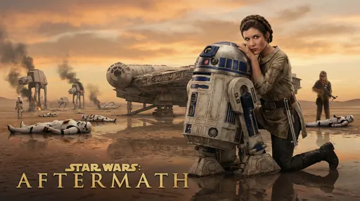 Prompt: This realistic intricate and professional cinamatic Star Wars poster, very dramatic, 8k, high res features a woman "Princess Leia Organa" played by the young actress (Carrie Fisher) with her alluring expression side eyeing the viewer dressed in a Princes Leia costume inspired by the Star Wars universe with one leg exposed up to her hip, specifically resembling a character from the Rebel Alliance, Princes Leia. She is squatting behind R2-D2 from Star Wars on the sand with her back slightly arched in a desert, with a large droid (R2-D2 from Star Wars) character in front of her. The fit woman has her iconic Princes Leia hair style. She wears a lifesaber on a utility belt around her waste. She's resting her cheek on the droid's head while looking at the camera, with her left hand gently placed on top of the droid. The background feature the millinium falcon space ship from Star wars parked on the sand in the distant background and not so far behind the Millinium Falcon several strucked down giant robot (AT-AT) laying on their sides smoking from the damage, muted gray, which contrasts with the beige and orange colors of her costume and the droid. There are also several dead Storm Troopers with lifesaber burn marks laying in the sand. Chewbaka can be seen holding a blaster rifle and one foot on top of one of the dead storm troopers. The overall style of the photograph is realistic, with a focus on the costume and character design, capturing the details of the outfit and the pose of the subject. The reflective surface beneath her adds a subtle element of depth to the image. Full image shot. It was a firce battle.