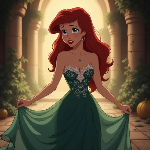 Prompt: (Ariel wearing an intricate, transparent dark green baby doll style night gown, with white accents), (ethereal and dreamy), soft golden lighting illuminating the scene, delicate fabric flowing gracefully in slow motion, highlighting intricate lace patterns and textures, serene expression, surrounded by a magical, misty ambiance, fantasy elements softly emerging in the background, ultra-detailed, 4K quality.