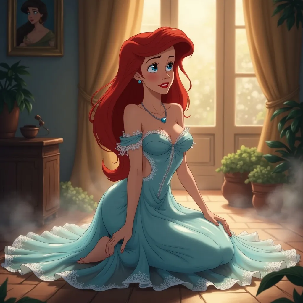 Prompt: (Ariel wearing an intricate, transparent blue baby doll style night gown, with white accents),on knees (ethereal and dreamy), soft golden lighting illuminating the scene, delicate fabric flowing gracefully in slow motion, highlighting intricate lace patterns and textures, serene expression, surrounded by a magical, misty ambiance, fantasy elements softly emerging in the background, ultra-detailed, 4K quality.