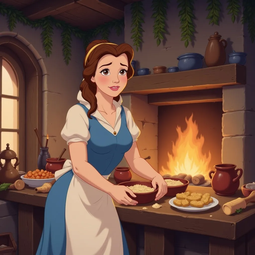 Prompt: (Belle in a simple blue dress and white apron), cooking dinner, (medieval kitchen setting), rustic wooden beams, flickering candlelight illuminating warm tones, pots simmering on an open fire, herbs hanging from the rafters, cozy ambiance, (ultra-detailed), (charming and inviting atmosphere).