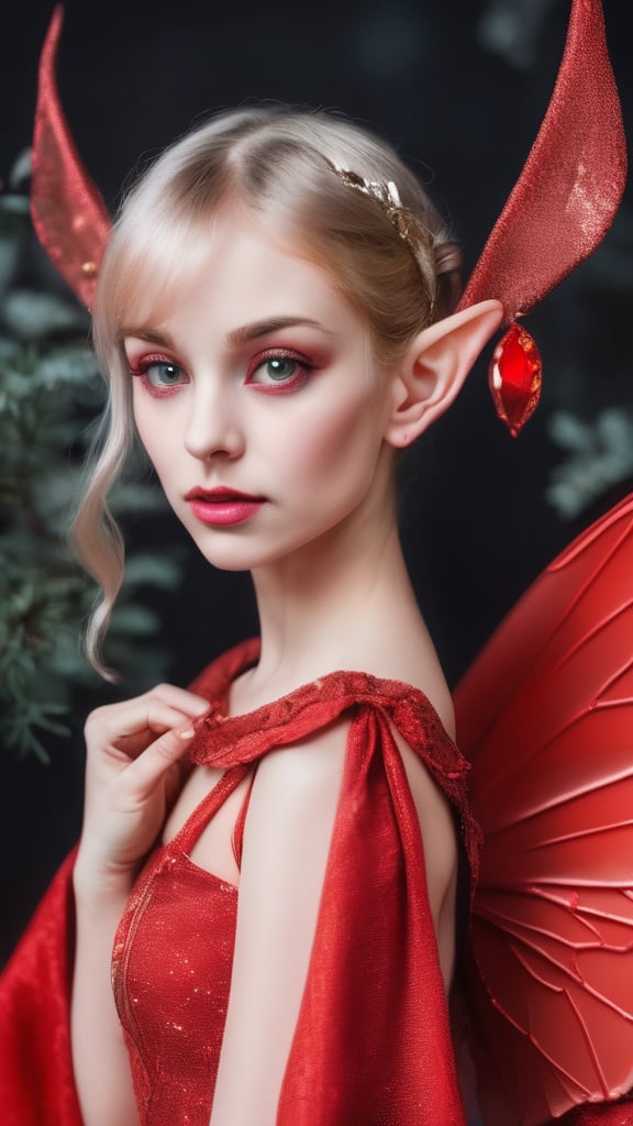 Prompt: Mystical fairy wearing red dress with pointy ears