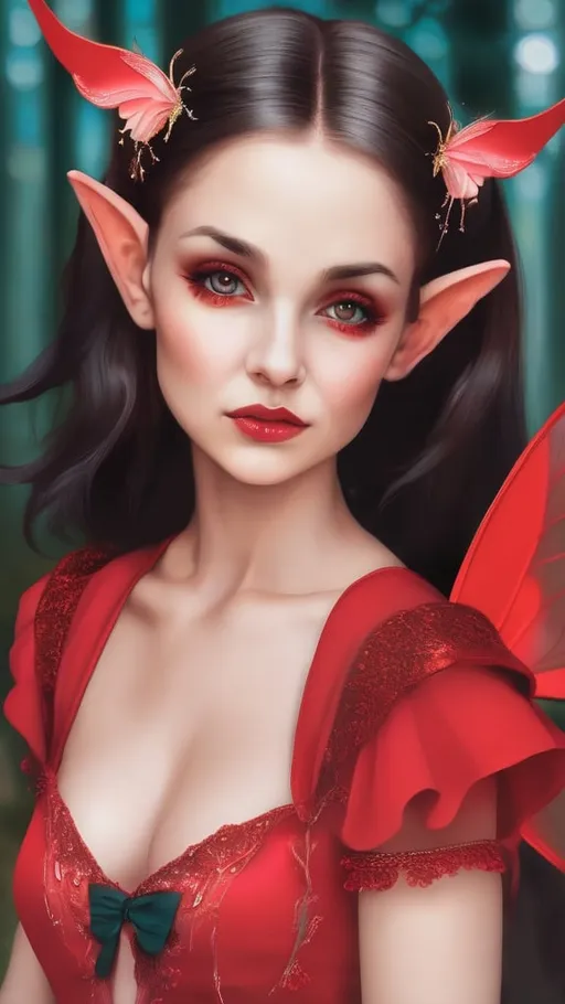 Prompt: Mystical fairy wearing red dress with pointy ears