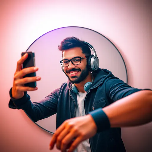 Prompt: (mirror selfie), man wearing headphones, (cell phone in hand), casual pose, modern aestheticism, cheerful ambiance, ambient light reflecting off the mirror, clean background, (high detail), vibrant colors, (portrait style), stylish casual outfit, capturing a moment of fun, well-composed profile picture, ultra-detailed, perfect for social media.