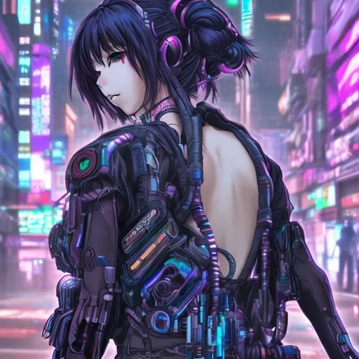 Prompt: Anime cyberpunk girl with 6 nano machine arms behind her back
