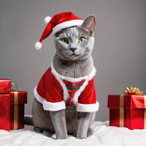 Prompt: russian blue cat
 in christmas outfit full length
