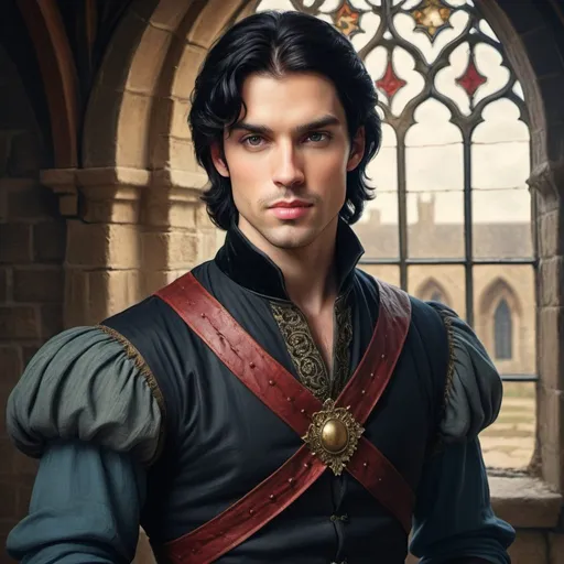 Prompt: A dark-haired handsome prince in his 30's in a medieval setting in a painterly style
