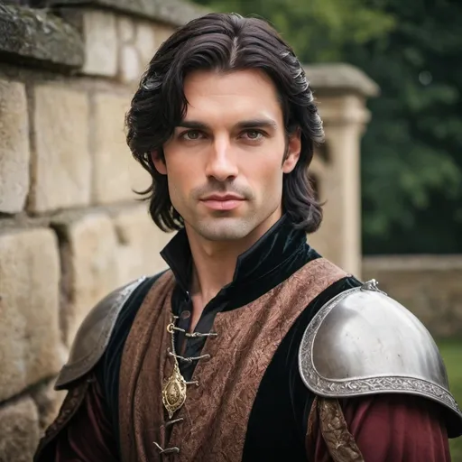 Prompt: Handsome dark haired man in his 30's in medieval style clothing he is a prince 