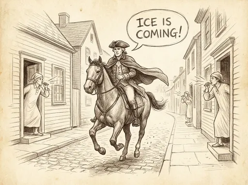 Prompt: create an image of Paul revere riding down the street shouting "Ice is coming". people are coming out of their hoses blowing on whistles.  in the form of a pencil drawing.