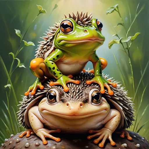 Prompt: Detailed oil painting of a playful frog riding on a hedgehog's back, vibrant natural colors, whimsical and heartwarming, ultra-detailed, oil painting, playful atmosphere, adorable green frog, spiky hedgehog, intricate details, vibrant and lively, heartwarming, playful, natural tones, warm lighting