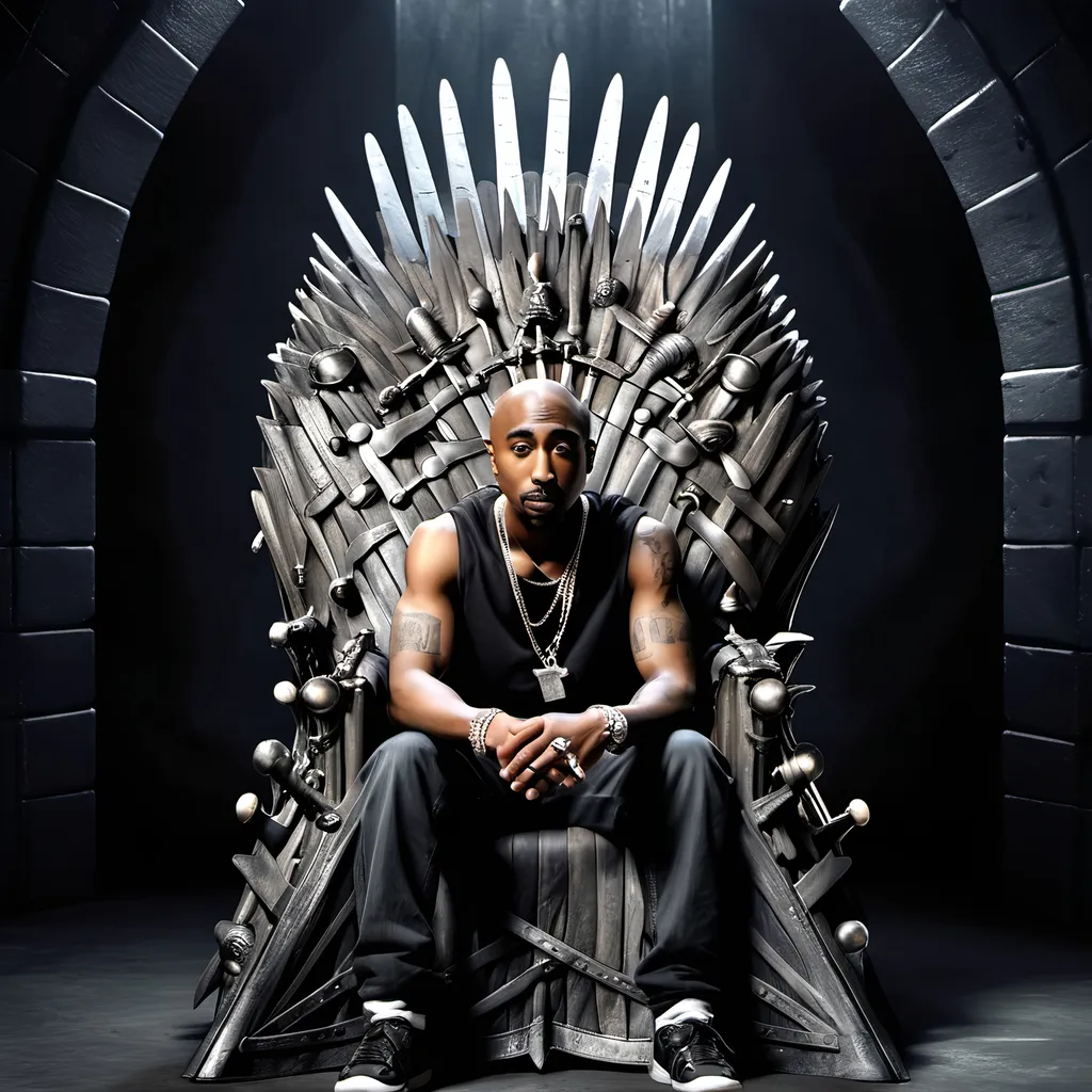 Prompt: 2pac sitting in the games of thrones chair