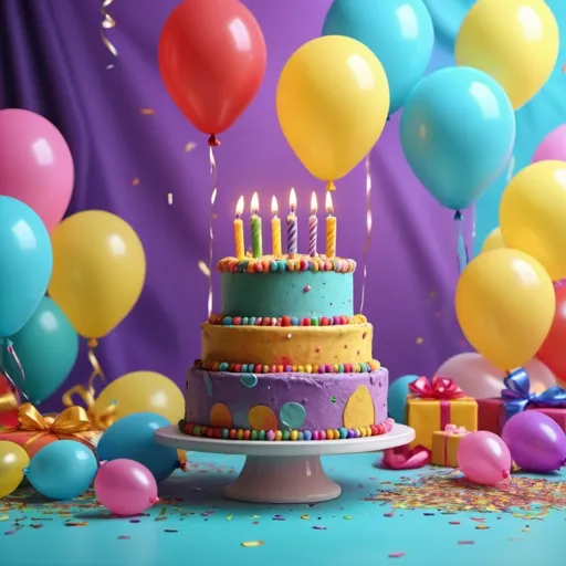 Prompt: (Happy Birthday special), colorful birthday cake on the left, decorated gifts on the right, cloth background, vibrant colors, celebratory atmosphere, (bright lighting), festive decorations and balloons, confetti in the air, joyful and cheerful mood, detailed textures, high quality, ultra-detailed, 4K.