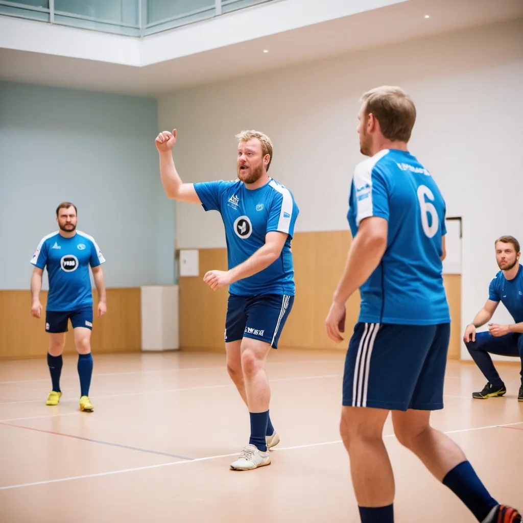 Prompt: a fistball team in a #007BA6 dress, playing indoor
