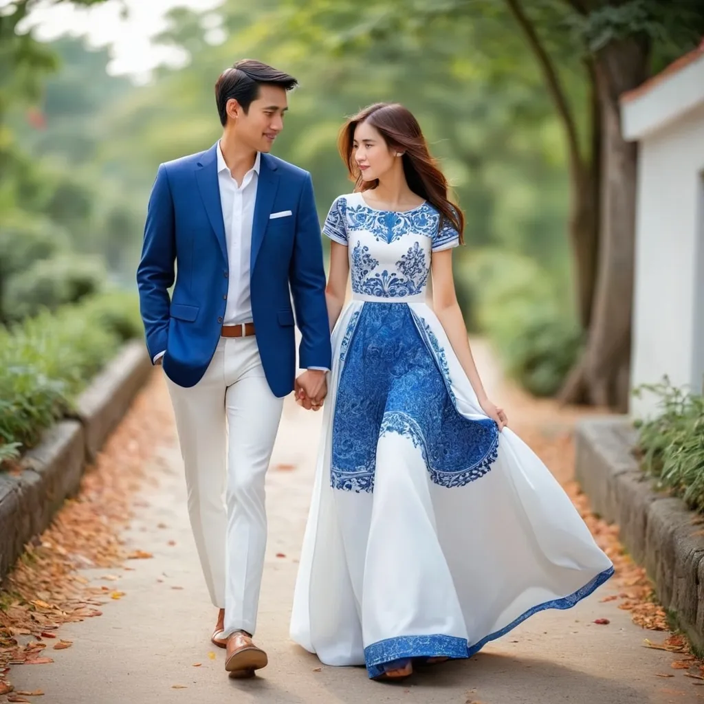 Prompt: Couple with blue and white dress combination 