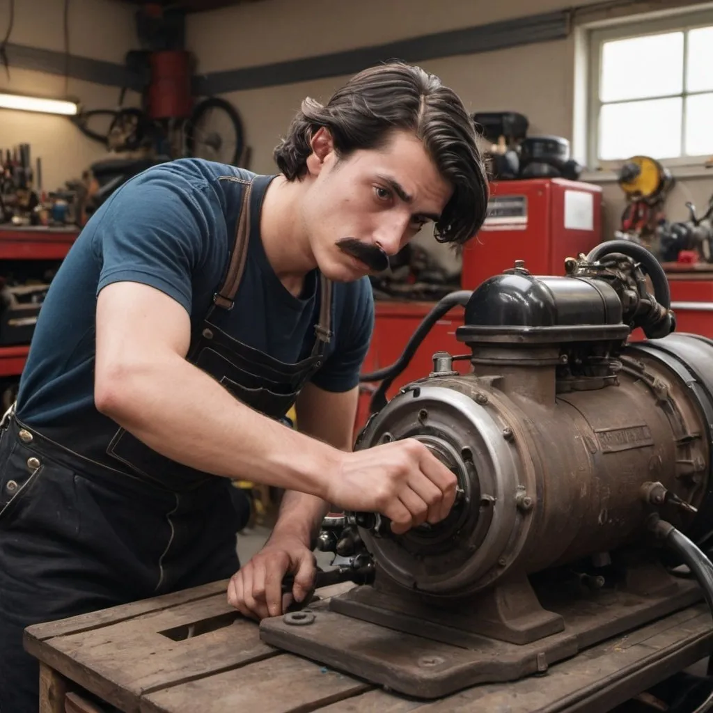 Prompt: Cinemeatic. A young man with dark hair and eyes and a black moustache twisted at the ends works in a garage. He is working on a single cylinder engine